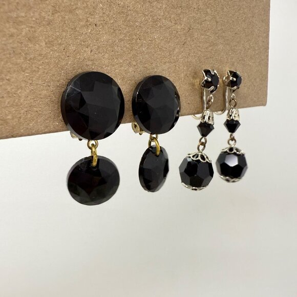 Faceted Black Beaded Vintage Earrings Clip-On Vintage Goth‎ Witchy Dangle 2 sets - Picture 2 of 6